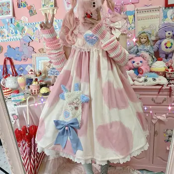 Lolita Elbise kadın Kawaii İnek Baskı Elbise Lolita Süt Sevimli JSK Kolsuz Japon Harajuku Tarzı Sevimli Kawaii Tatlı Kız