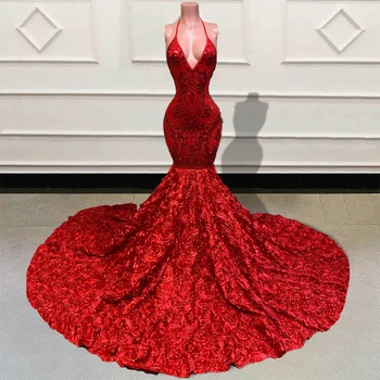 Sparkly Pullu Kırmızı Mermaid Uzun balo kıyafetleri 2022 V Boyun Backless 3D Çiçekler Tren Siyah Kızlar Örgün Abiye giyim için parti
