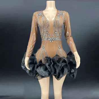 Seksi Sahne Sparkly Rhinestones Örgü transparan elbise Akşam Parti Düğün Kıyafet Doğum Günü Kutlamak Kostüm Performans Elbise