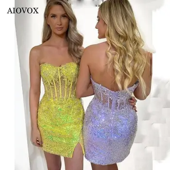 AIOVOX Modern Sevgiliye Kısa Mezuniyet Elbiseleri Kadınlar Için Parti Pullu Illusion Şeker Renkler Vestidos De Fiesta Cortos Gala