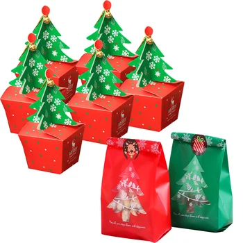 1 takım Noel şeker kutusu Kırmızı Yeşil Ağaç Şekli hediye keseleri Çerez Şeker Paketleme Merry Christmas Ev DIY Parti Süslemeleri