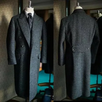 Vintage erkek Tüvit Uzun Palto Yün Tepe Yaka Takım Elbise Kruvaze Özel Kış Sıcak Resmi İş Düğün Rahat Balo