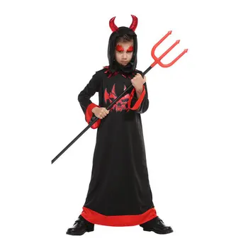 Çocuklar Çocuk Boys Siyah Kapşonlu Şeytan Demon Cosplay Kostüm Robe Cadılar Bayramı Karnaval Mardi Gras Parti Kıyafet