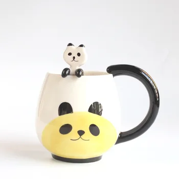 El-boyalı Kahve Fincanı, Güzel Panda / Kurbağa / Kedi / Domuz Seramik Kupa Çay Fincanı çay kaşığı dahil