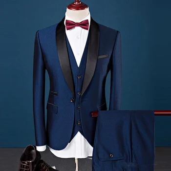 Özel Yapılmış Son Tasarım Yakışıklı Düğün Takımları Slim Fit Damat Smokin Resmi Giyim Şal Yaka Sağdıç Takım Elbise (Ceket + Pantolon + v