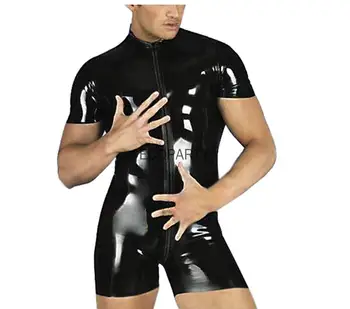 Islak Bak lateks Catsuit Faux Deri Tulumlar Siyah kalın PVC Bodysuits seksi Clubwear erkekler açık kasık Iç çamaşırı giyisi