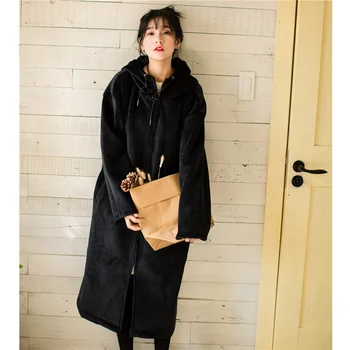 Harajuku ceket kadın uzun ceketler Gevşek BF Tarzı Ceket Sıcak Polar Kapşonlu Dış Giyim rahat tiki tarzı Rüzgarlık Kore giysi
