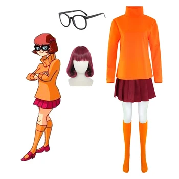 Anime Velma Cosplay Kostüm Film Karakter Turuncu Üniforma Cadılar Bayramı Kostüm Kadınlar Kızlar İçin Cosplay Kostüm Rol Oynamak Kıyafetler