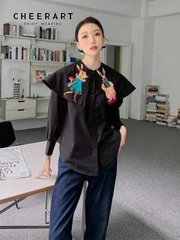 CHEERART Tavşan Işlemeli Kawaii Gömlek Denizci Yaka Siyah Uzun Kollu Düğme Gömlek Sevimli Bluz Kore modası giyim