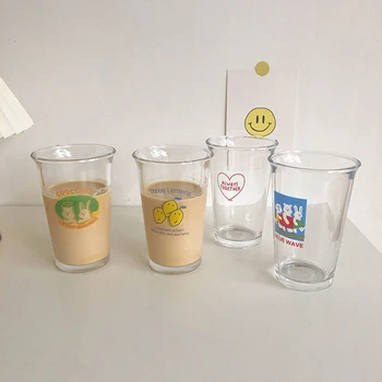 Kore Cam Su Bardağı Çizim Karikatür Süt Kahve Fincanı Suyu Kahvaltı cam kupa Saman Fincan Güzel Aşk Limon Ayı Fincan