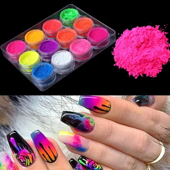 12 Kutuları/Set Floresan Toz Çivi Renkli Glitters Tırnak Tozu Gevreği Nail Art Süslemeleri Jel Oje İçin