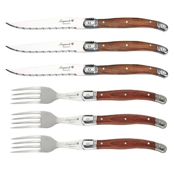 6 adet 9 inç Laguiole Tarzı biftek bıçakları yemek çatalı Ahşap Saplı Yemek Takımı Seti Paslanmaz Çelik Çatal Japon Sofra Bar