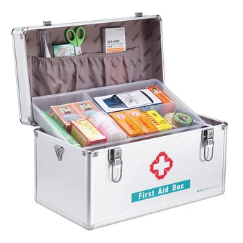 2 katmanlı taşınabilir ilk yardım çantası saklama kutusu alüminyum alaşımlı çok fonksiyonlu aile acil tıp kollu kutu ilaç kutusu