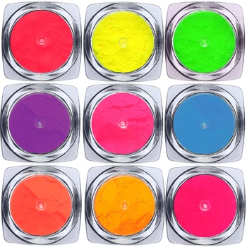 9 Kutuları / Set Neon Nail Art Glitter Toz Floresan Pigment Çivi Dekorasyon Parlak Ombre Krom Toz DIY Jel Lehçe Manikür
