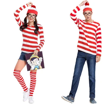 Yetişkin Erkek Bayanlar Wally Wenda Waldo Karakter Kostüm Kırmızı Beyaz Kıyafet Kitap Hafta süslü elbise Gömlek Şapka Gözlük