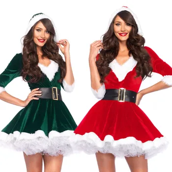Bayan Lüks Kadife Noel Elbise Kapşonlu Seksi Noel Ağacı Giyim Noel Baba Kostüm Yeşil Elf Noel partisi elbisesi
