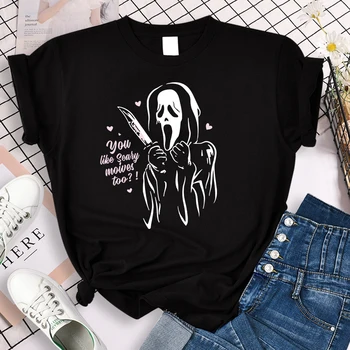 2022 Çığlık Ghostface T-Shirt Korkunç Cadılar Bayramı Partisi Tshirt Komik Kadın Hayalet Korku Goth Tee Gömlek Üst