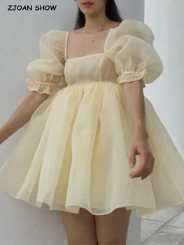Tatlı PrincessYellow Organze Balo Elbise Kadın Kare Yaka Puf Kollu Salıncak Mini Peri Kek Elbise kız Vestidos