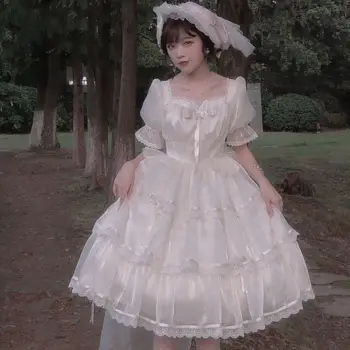 Kawaii Bayan Furla Lolita Elbise Zarif elbise kısa kollu OP Vintage çiçek düğün puf kollu üç aşamalı muhteşem yaz