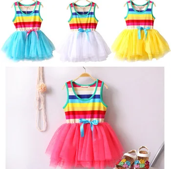 Yumuşak Tül Gökkuşağı Renk Elbise Kızlar İçin Kore Yaz Bebek Kız Küçük Renkli Gökkuşağı Moda Kostümleri Renkler Stokta