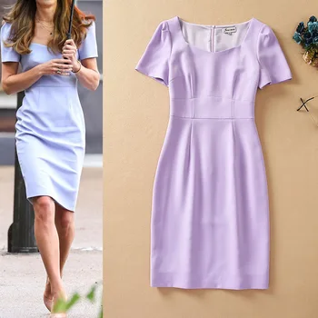 Prenses Kate Middleton Elbise Mor 2022 Yüksek Kaliteli Ofis Kalem Elbise Düzensiz Kısa Kollu Zarif Elbiseler Düz Renk
