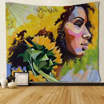 Siyah Sanat Afro-Amerikan Kadın Ayçiçeği Saç Goblen Duvar Asılı