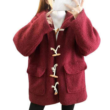 Yeni Varış Kış Moda Sıcak Tutmak Kadın Kuzu Yün Ceket Pençe Toka Katı Harajuku Kırmızı Şarap Kapüşonlu Ceket Uzun Kollu Kadın