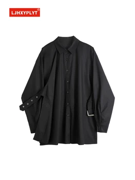 Düz Boy Gömlek Gotik Siyah Bluz Kadın İlkbahar Sonbahar Uzun Kollu Tek Göğüslü Gevşek Punk Streetwear Mavi Gömlek Kadın