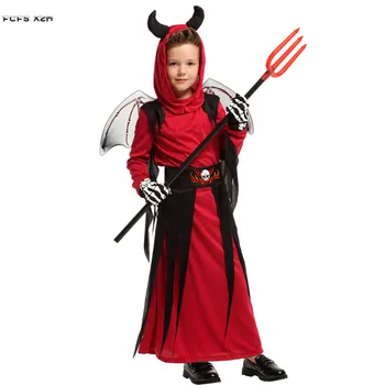 M-XL Kırmızı Erkek Şeytan Cosplay Çocuk Çocuk Cadılar Bayramı Cehennem Şeytan Korkunç Kostümleri Karnaval Purim Sahne oyun Masquerade parti elbise