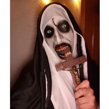 Cadılar bayramı Korku Rahibe Maskesi Cosplay Korkunç Kanlı Hayalet Şeytan Lateks Maskeleri Başörtüsü İle Tam Yüz Kask Parti Kostüm Sahne