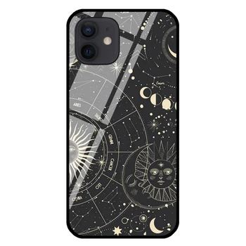 Temperli Cam Telefon Kılıfı için iPhone 14 13 11 12 Pro XS Max 6 7 8 Artı X XR SE Kauçuk Güneş Aylar ve Yıldız İşaretleri Astrolojik