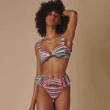 Renkli Çizgili Baskı Mayo Kadınsı Seksi Geniş Sapanlar Moda Yay Tasarım Bikini Seksi Backless Yüksek Bel Beachwear Toplamak