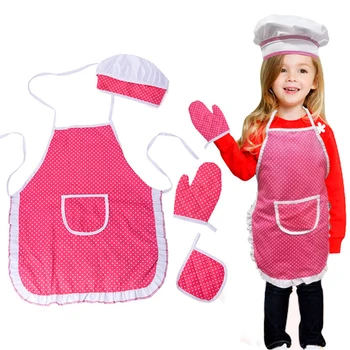 4 Adet çocuk önlüğü Eldiven şapka seti Çocuk Şef Mutfak Pişirme Araçları Pişirme Oyun Giyinmek Pembe Paskalya Cadılar Bayramı Oyun Evi Oyuncak