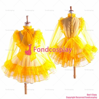 fondcosplay yetişkin seksi çapraz soyunma sissy hizmetçi Sarı Organze Kilitlenebilir Üniforma Elbise Cosplay Kostüm CD / TV [G1367]