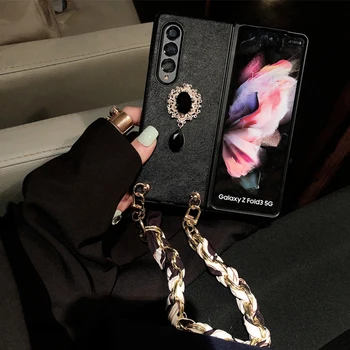 Lüks Lady PU Deri Telefon Kılıfları Samsung Galaxy Z Kat 3 2 5G Retro Oyma Gem Kapak İle Taşınabilir Zincir İpek Eşarplar