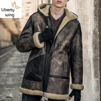 Italyan Erkek Askeri Shearlıng Orta Uzun Ceket Doğal Kuzu Yün Gerçek Koyun kürk astarlı Ceket Deri Biker Gevşek 6XL Palto