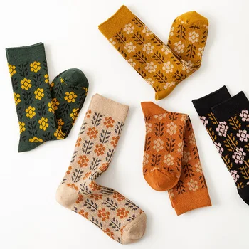 Çiçek Bitkiler Retro Sevimli Çorap Kadın Moda Rahat Pamuk Örgü Çorap Yeni Sonbahar Kış Sokak Rahat Orta Tüp Çorap Socken