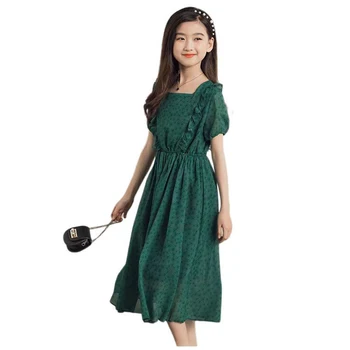 Kız çocuk yaz elbisesi Zarif Koyu Yeşil Çiçek Elbise 2022 Yeni Şifon Çocuk Giyim Sevimli Orta Uzun Dantelli Çocuklar Elbiseler 4-14 Yıl