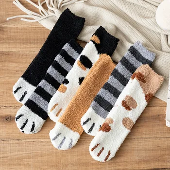 1 çift peluş mercan polar çorap kadın tüp çorap sonbahar ve kış kedi pençeleri sevimli kalın sıcak uyku kat uyku çorap