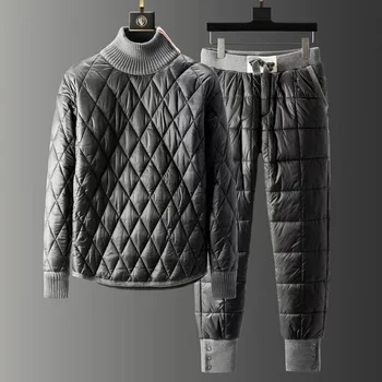 Kış high-end yüksek boyun aşağı pamuk dolgulu giysiler kazak takım elbise erkek moda hedging iki parçalı sıcaklık