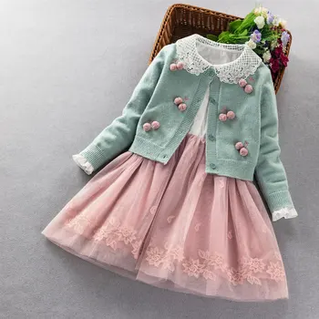 Bebek kız Giyim seti 2020 İlkbahar Sonbahar Çocuklar pamuklu uzun kollu tişört Kazak Ceket+Dantel elbise 2 adet takım elbise kızlar için prenses kostüm