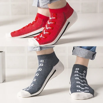 Erkek Kadın Yaz Pamuk Kısa Tekne Çorap Komik Sahte Dantel-Up kanvas ayakkabılar 3D Baskı Kontrast Renk Çizgili Rahat Çorap