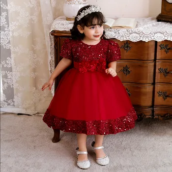 Kısa Kollu Boncuk Sequins Vaftiz Elbise Kızlar için İlk Yıl Doğum Günü Partisi düğün elbisesi Kırmızı Bebek Giysileri Tutu Kabarık Elbise