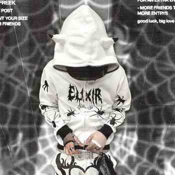 Y2k Zip Up İskelet Hoodie Punk Goth Streetwear Örümcek Mektup Baskı Erkek Eşofman Essentials Hoodie Moda Büyük Boy Hoodie