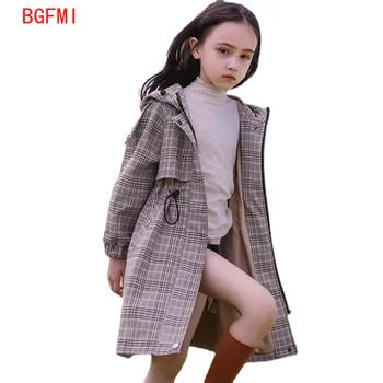 Moda Bebek Kız Siper Ceket Gençler Rüzgarlık ceket ızgara Uzun Bahar Sonbahar İngiliz Hoodie Çocuk Toz Ceket Noel Giysileri 3-12Yrs