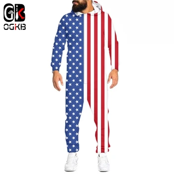 OGKB Kadın Amerikan Bayrağı Baskı Loungewear Pijama Unisex Gevşek Zip Kapşonlu Tulumlar Açık Pijama Onesies Erkekler Dropshipping İçin