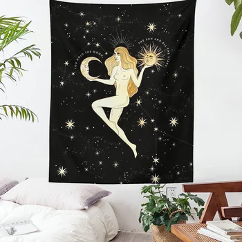 Güneş Ay kadın Goblen Tarot Kartı Büyücülük Duvar Asılı siyah Sanat Baskı Duvar Arka Plan Halılar Yatak Odası Yurt Yoga