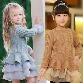 2023 Kış Sonbahar Kız Elbise Çocuk Giyim Çocuk Elbise Kız Parti Elbise Uzun Kollu Örgü Kazak Kız Elbise