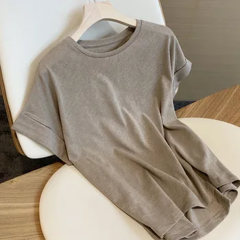 Minimalist Ekip Boyun Pamuk Keten Tees Tops Kadın Kısa Kollu Hafif T Shirt M, L