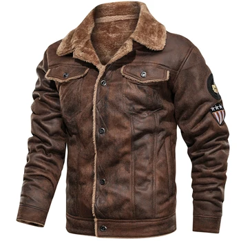 Kış Faux Deri Bombacı Ceket Erkek Motosiklet Süet Kalın Kadife Mont Erkek Faux Kürk Hava Kuvvetleri Palto Giyim HX053